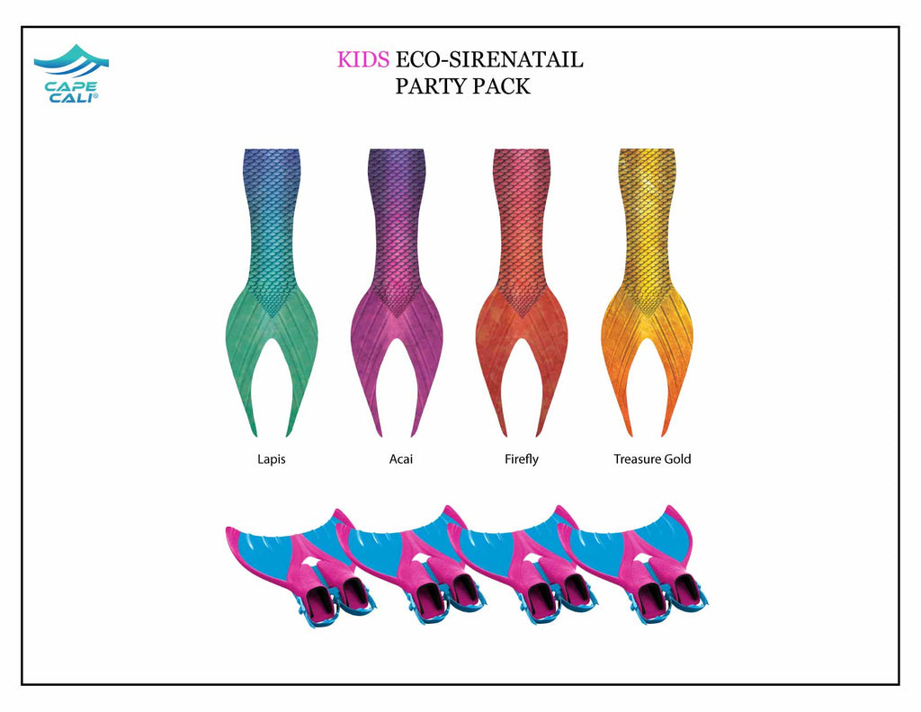 Cape Cali Kids Eco-Sirenatail Party Pack with four mermaid tails and two fins on a white background.