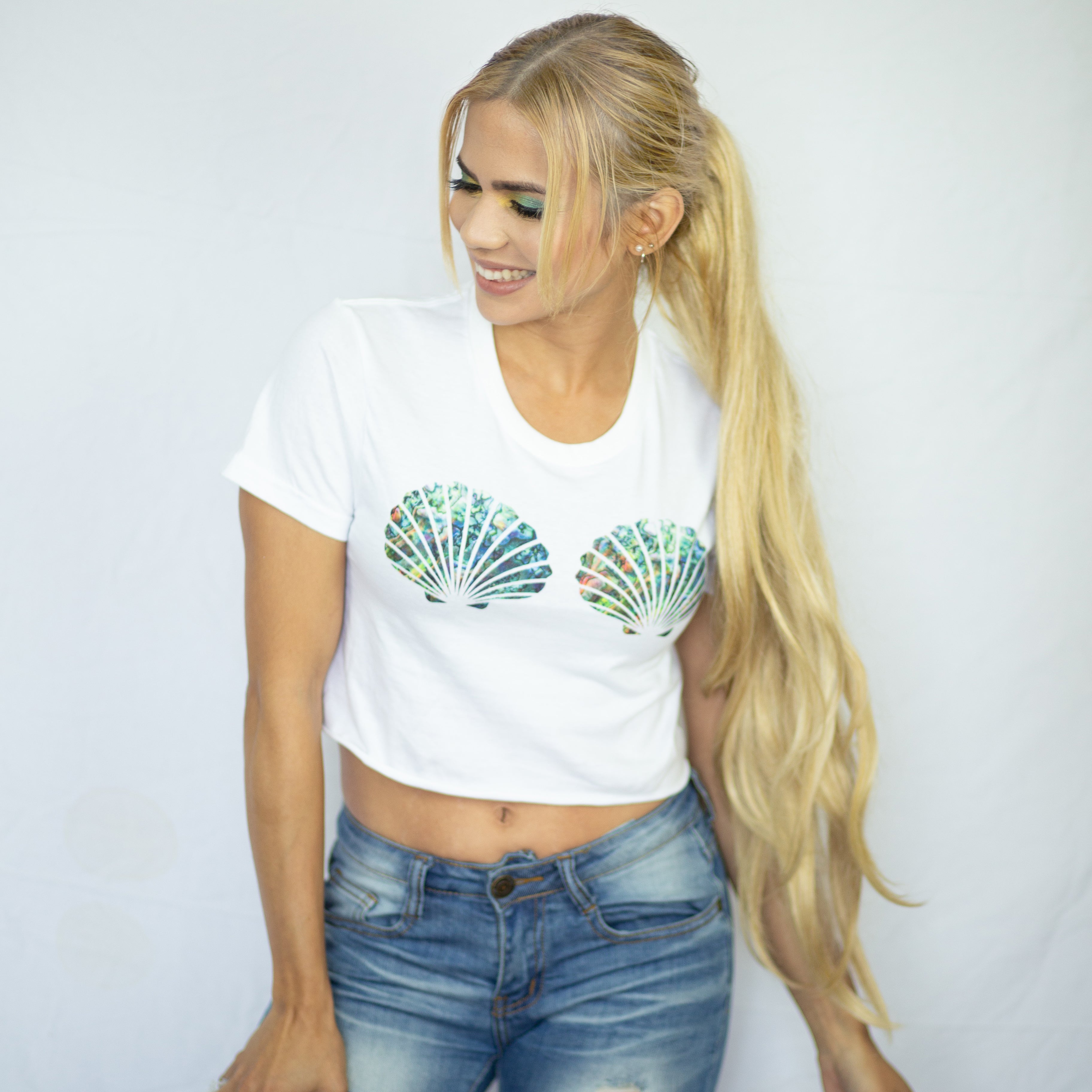 Abalone Mermaid Shell Top Cropped by Cape Cali worn by Mermaid Elle